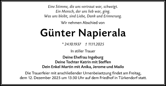 Traueranzeige von Günter Napierala von Lausitzer Rundschau