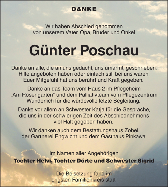 Traueranzeige von Günter Poschau von Lausitzer Rundschau