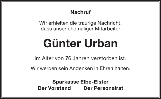 Traueranzeige von Günter Urban von Lausitzer Rundschau
