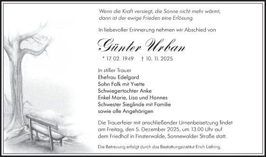 Traueranzeige von Günter Urban von Lausitzer Rundschau