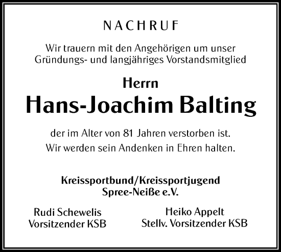 Traueranzeige von Hans-Joachim Balting von Lausitzer Rundschau