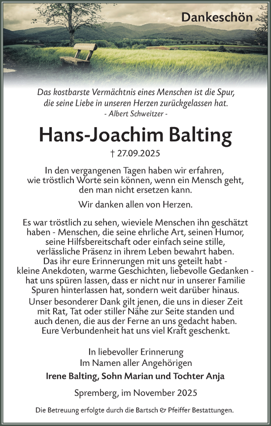 Traueranzeige von Hans-Joachim Balting von Lausitzer Rundschau
