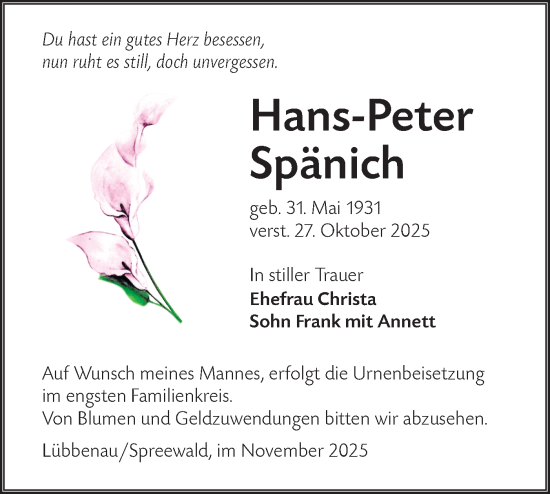 Traueranzeige von Hans-Peter Spänich von Lausitzer Rundschau