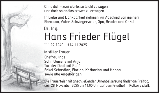 Traueranzeige von Hans Frieder Flügel von Lausitzer Rundschau