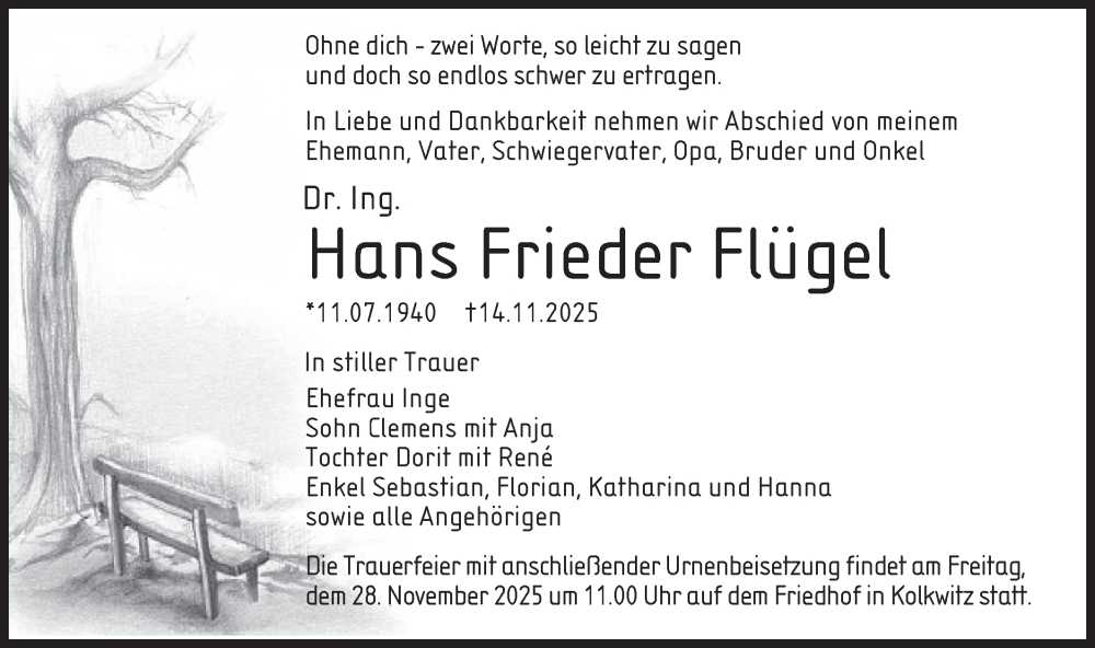  Traueranzeige für Hans Frieder Flügel vom 22.11.2025 aus Lausitzer Rundschau