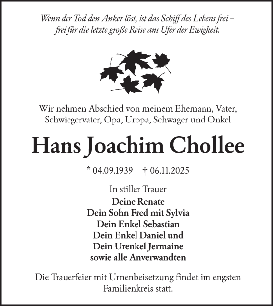 Traueranzeige von Hans Joachim Chollee von Lausitzer Rundschau