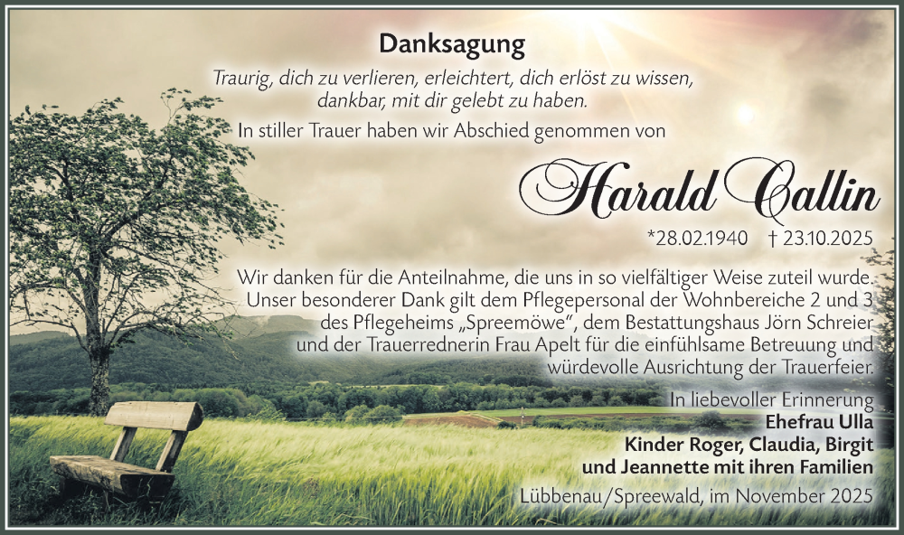  Traueranzeige für Harald Callin vom 22.11.2025 aus Lausitzer Rundschau