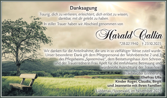 Traueranzeige von Harald Callin von Lausitzer Rundschau