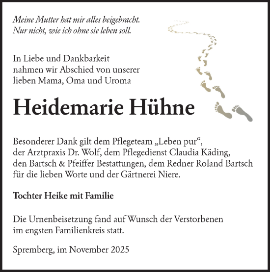 Traueranzeige von Heidemarie Hühne von Lausitzer Rundschau