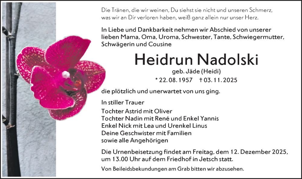  Traueranzeige für Heidrun Nadolski vom 22.11.2025 aus Lausitzer Rundschau