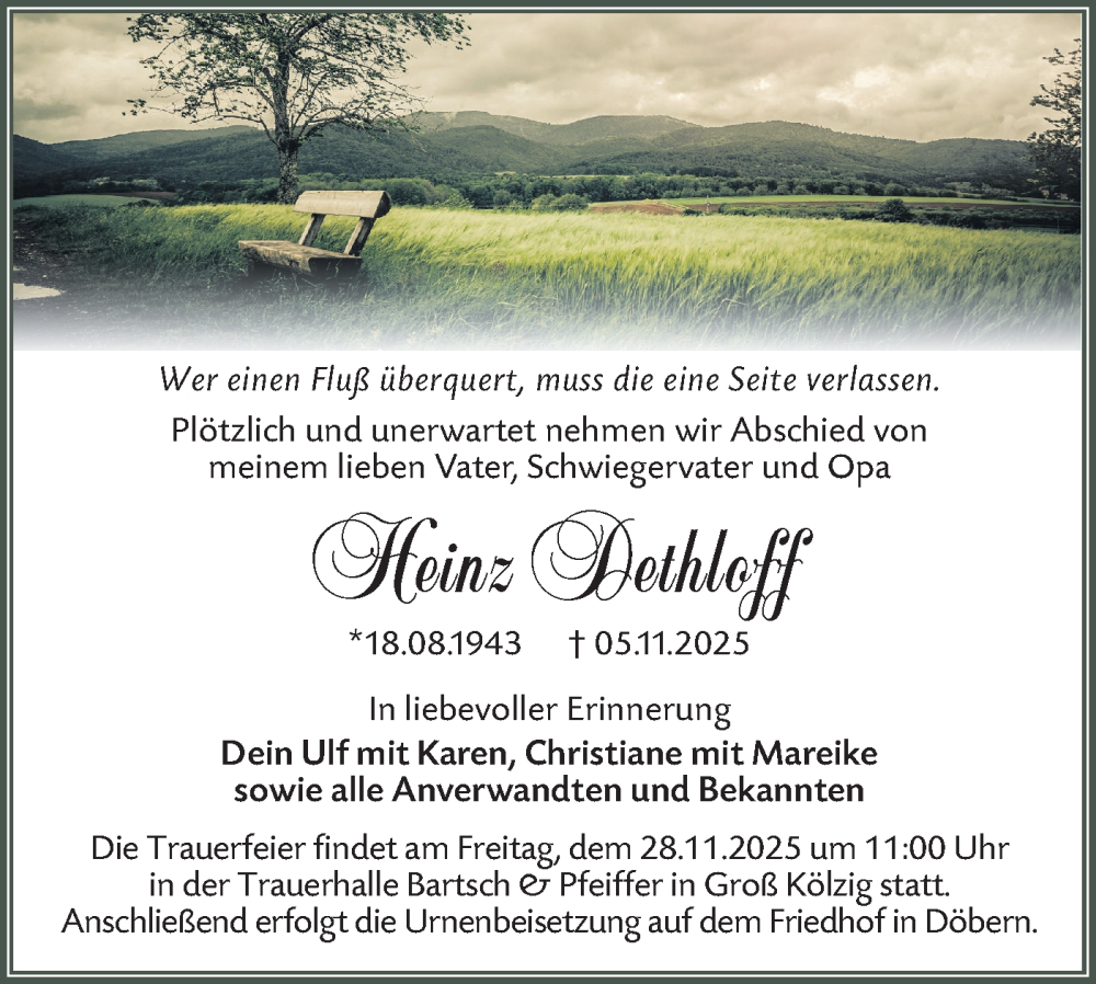  Traueranzeige für Heinz Dethloff vom 22.11.2025 aus Lausitzer Rundschau