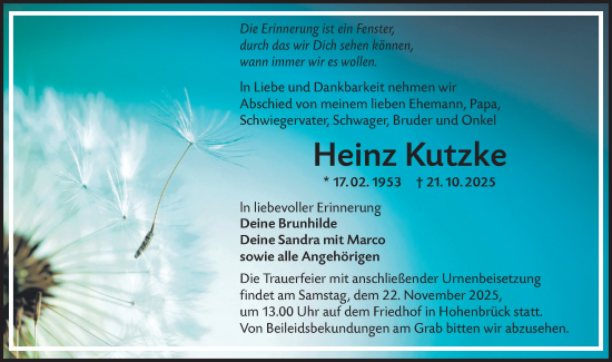 Traueranzeige von Heinz Kutzke von Lausitzer Rundschau