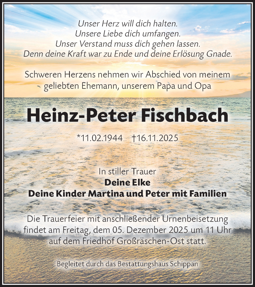  Traueranzeige für Heinz-Peter Fischbach vom 29.11.2025 aus Lausitzer Rundschau