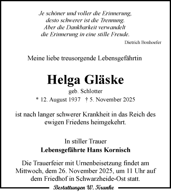 Traueranzeige von Helga Gläske von Lausitzer Rundschau