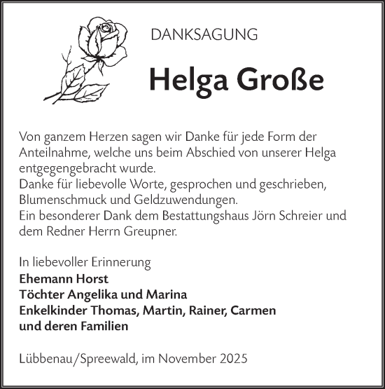 Traueranzeige von Helga Große von Ausg. LR Spreewald RS