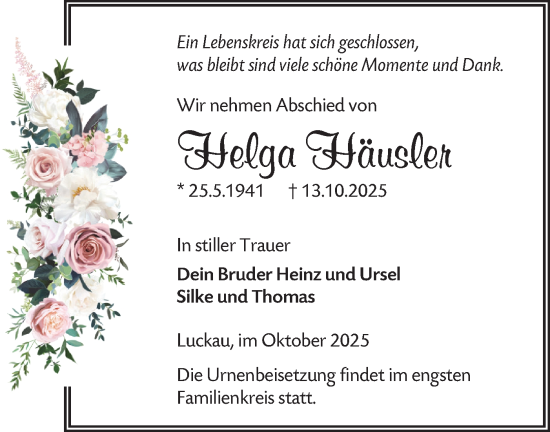 Traueranzeige von Helga Häusler von Lausitzer Rundschau