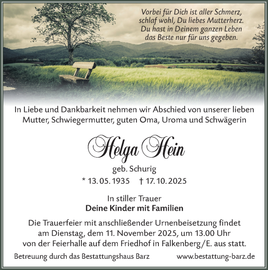 Traueranzeige von Helga Hein von Lausitzer Rundschau