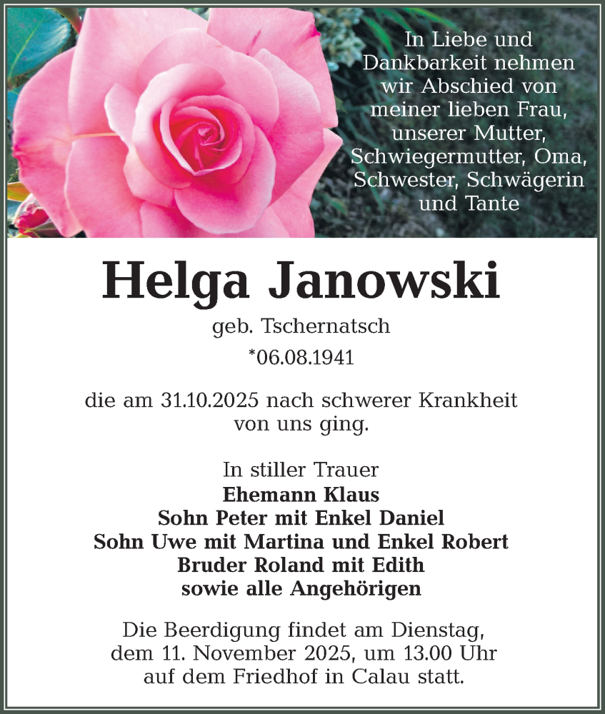  Traueranzeige für Helga Janowski vom 08.11.2025 aus Lausitzer Rundschau