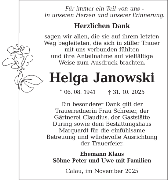 Traueranzeige von Helga Janowski von Lausitzer Rundschau