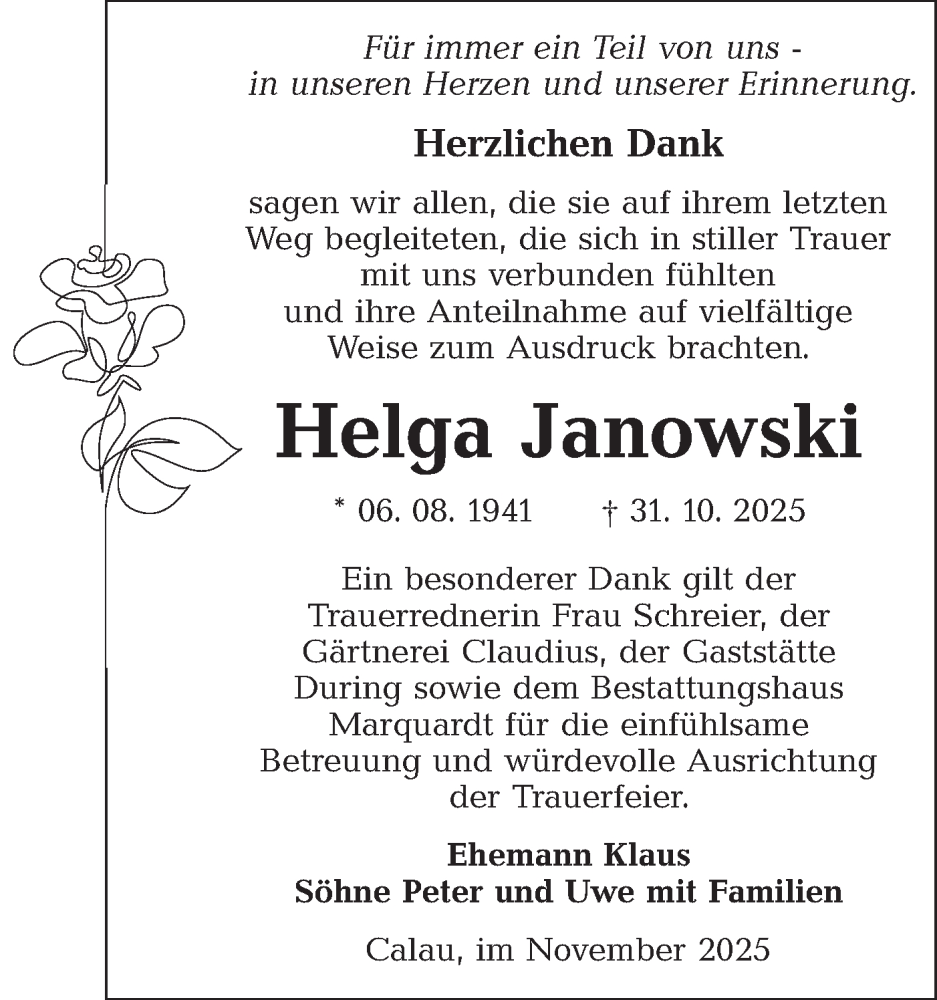  Traueranzeige für Helga Janowski vom 29.11.2025 aus Lausitzer Rundschau