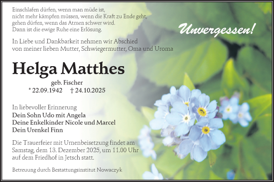 Traueranzeige von Helga Matthes von Lausitzer Rundschau