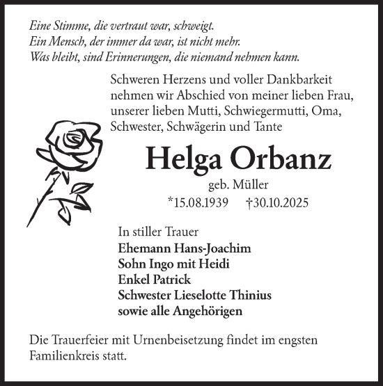 Traueranzeige von Helga Orbanz von Lausitzer Rundschau