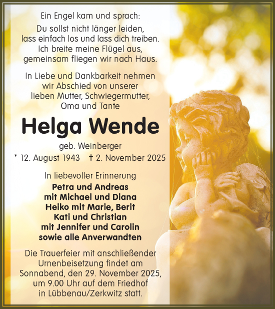 Traueranzeige von Helga Wende von Lausitzer Rundschau
