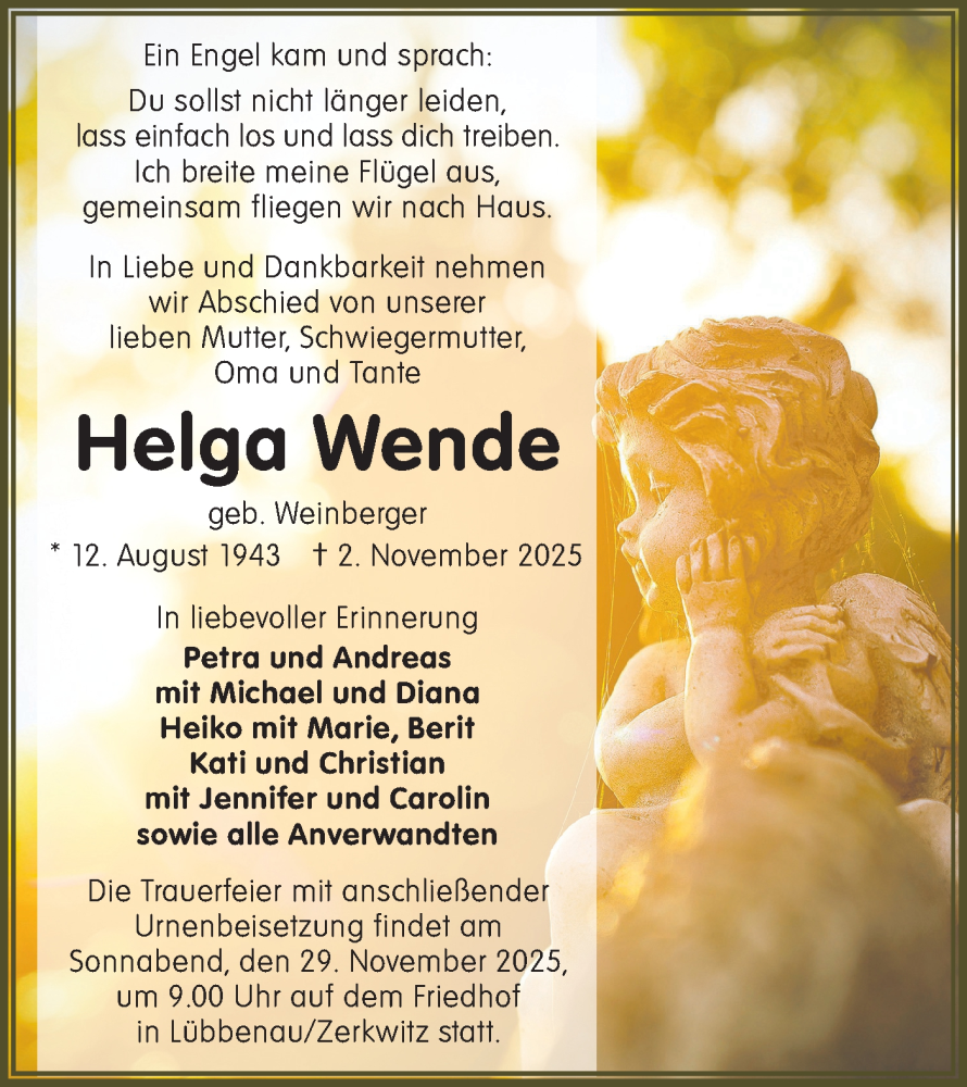  Traueranzeige für Helga Wende vom 22.11.2025 aus Lausitzer Rundschau