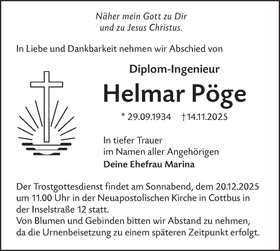 Traueranzeige von Helmar Pöge von Lausitzer Rundschau