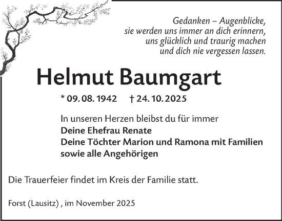 Traueranzeige von Helmut Baumgart von Lausitzer Rundschau