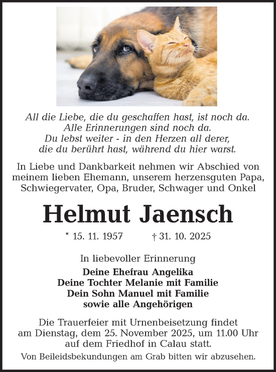 Traueranzeige von Helmut Jaensch von Lausitzer Rundschau