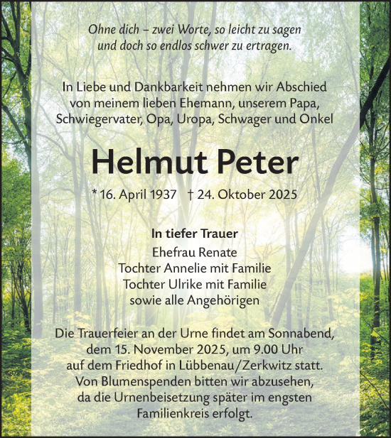 Traueranzeige von Helmut Peter von Lausitzer Rundschau