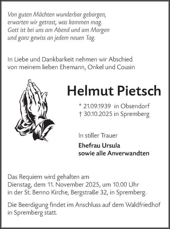 Traueranzeige von Helmut Pietsch von Lausitzer Rundschau