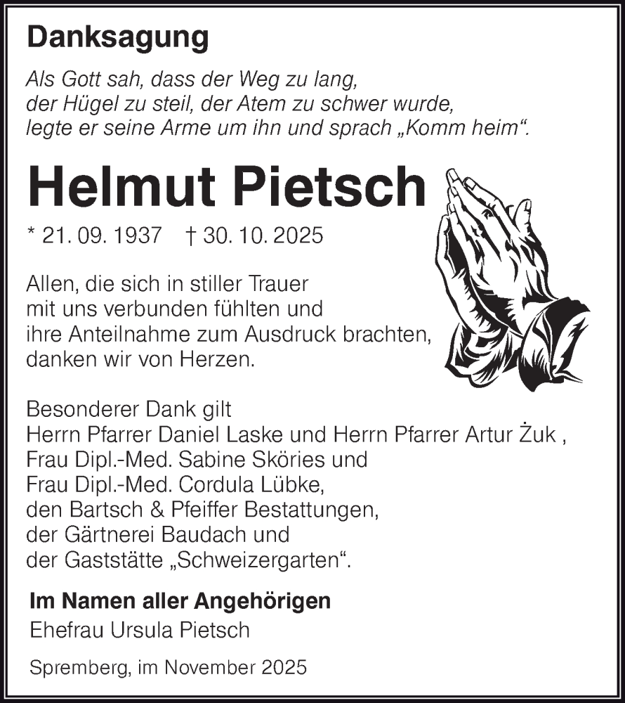  Traueranzeige für Helmut Pietsch vom 29.11.2025 aus Lausitzer Rundschau