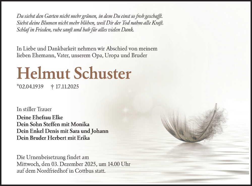  Traueranzeige für Helmut Schuster vom 29.11.2025 aus Lausitzer Rundschau