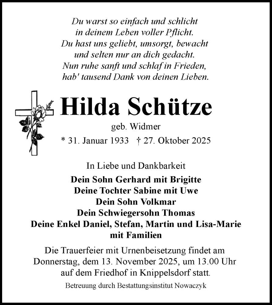  Traueranzeige für Hilda Schütze vom 08.11.2025 aus Lausitzer Rundschau