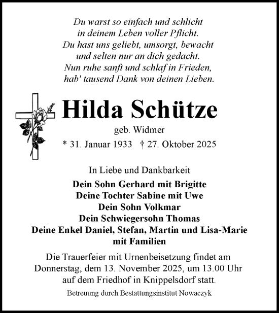 Traueranzeige von Hilda Schütze von Lausitzer Rundschau