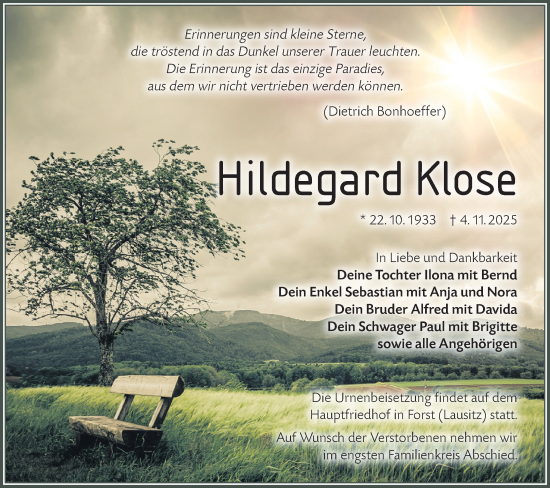 Traueranzeige von Hildegard Klose von Lausitzer Rundschau