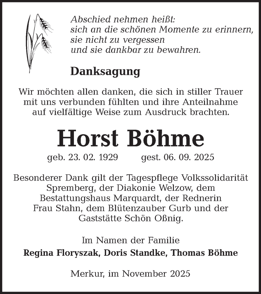  Traueranzeige für Horst Böhme vom 08.11.2025 aus Lausitzer Rundschau