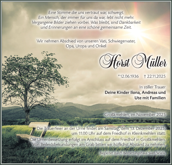 Traueranzeige von Horst Müller von Lausitzer Rundschau