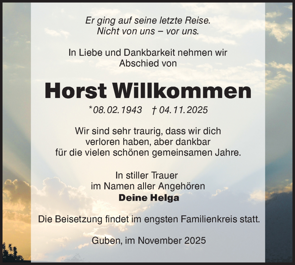  Traueranzeige für Horst Willkommen vom 22.11.2025 aus Lausitzer Rundschau