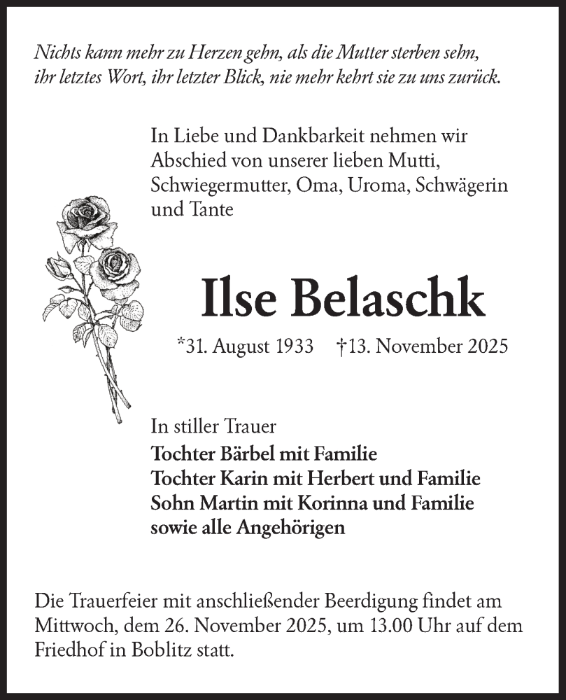  Traueranzeige für Ilse Belaschk vom 22.11.2025 aus Ausg. LR Spreewald RS