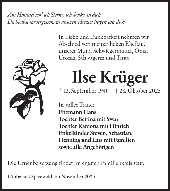 Traueranzeige von Ilse Krüger von Lausitzer Rundschau