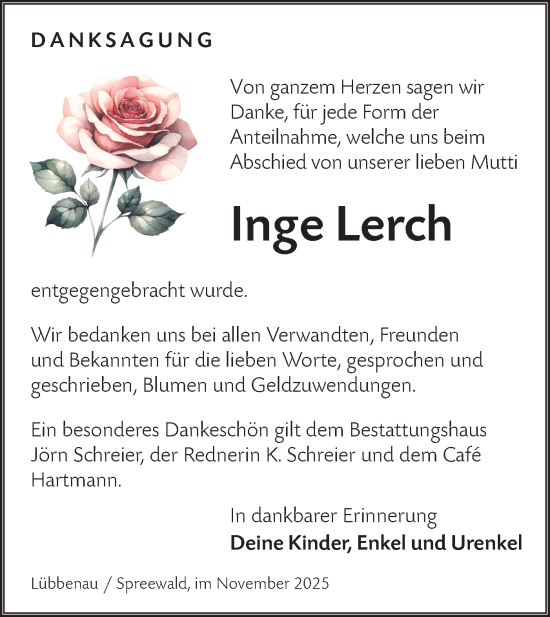 Traueranzeige von Inge Lerch von Lausitzer Rundschau