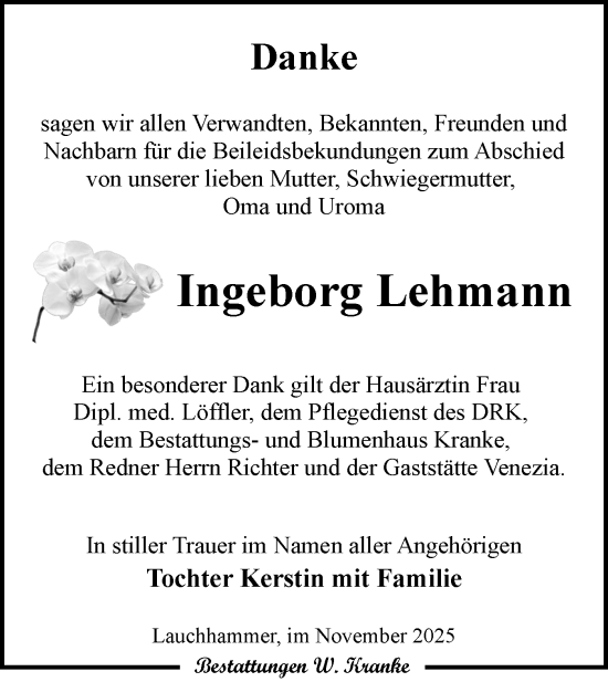Traueranzeige von Ingeborg Lehmann von Lausitzer Rundschau