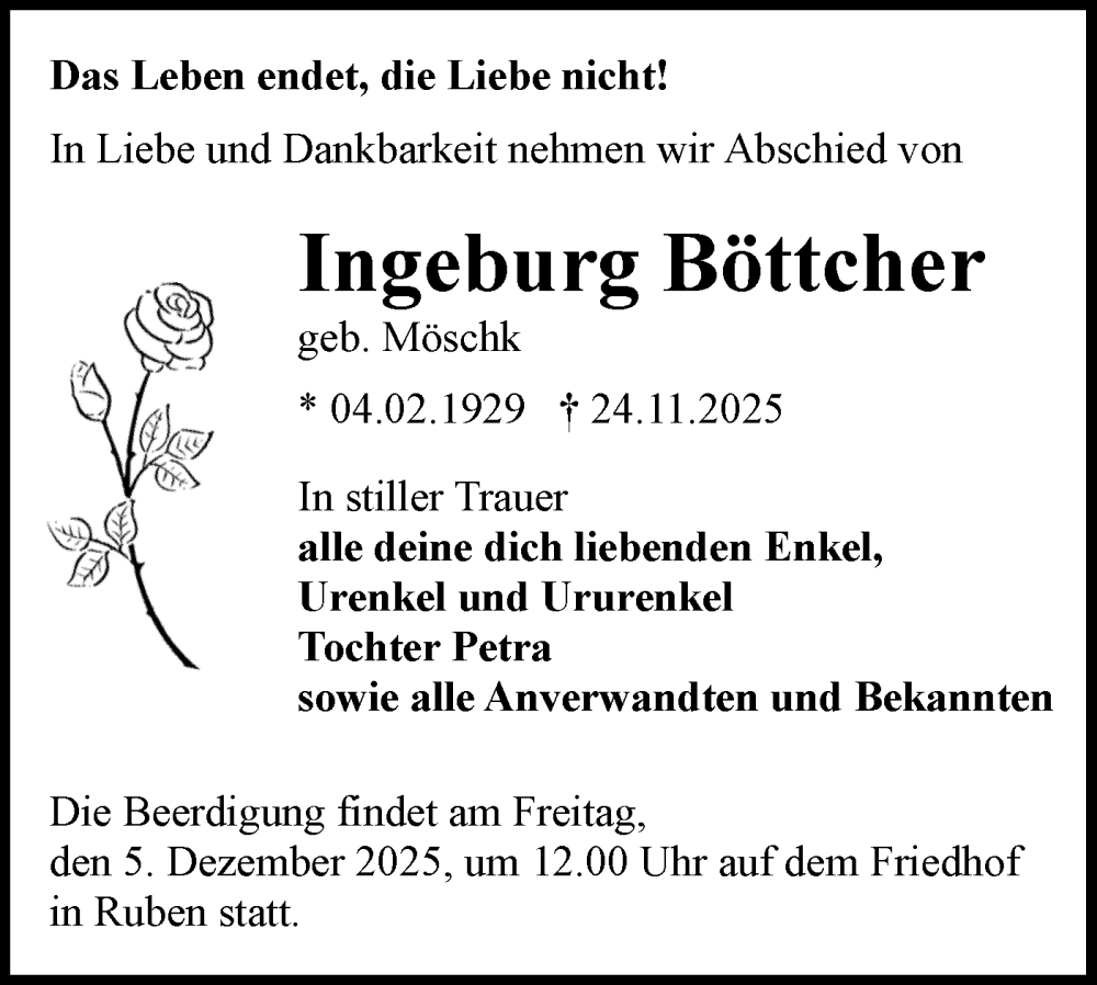  Traueranzeige für Ingeburg Böttcher vom 29.11.2025 aus Lausitzer Rundschau