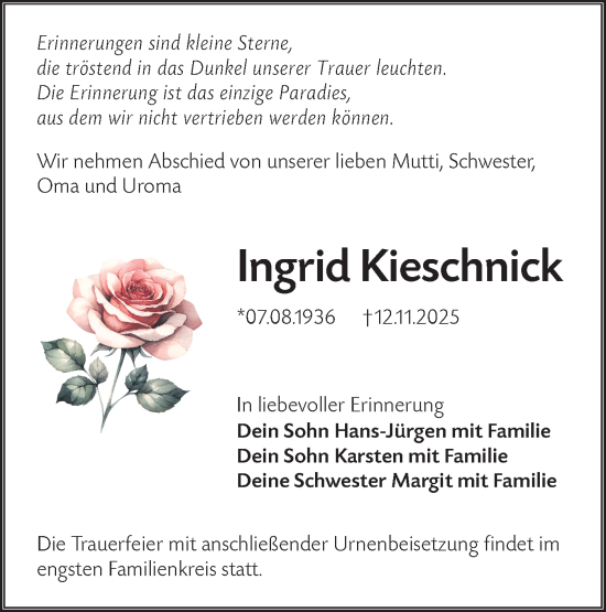 Traueranzeige von Ingrid Kieschnick von Lausitzer Rundschau