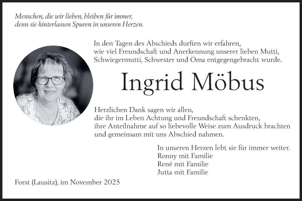  Traueranzeige für Ingrid Möbus vom 15.11.2025 aus Lausitzer Rundschau