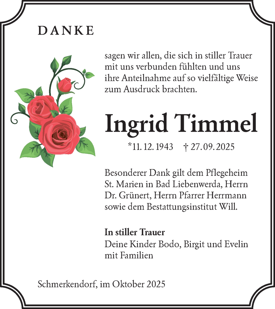 Traueranzeige für Ingrid Timmel vom 08.11.2025 aus Lausitzer Rundschau