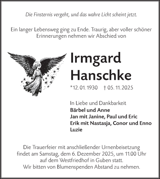 Traueranzeige von Irmgard Hanschke von Lausitzer Rundschau
